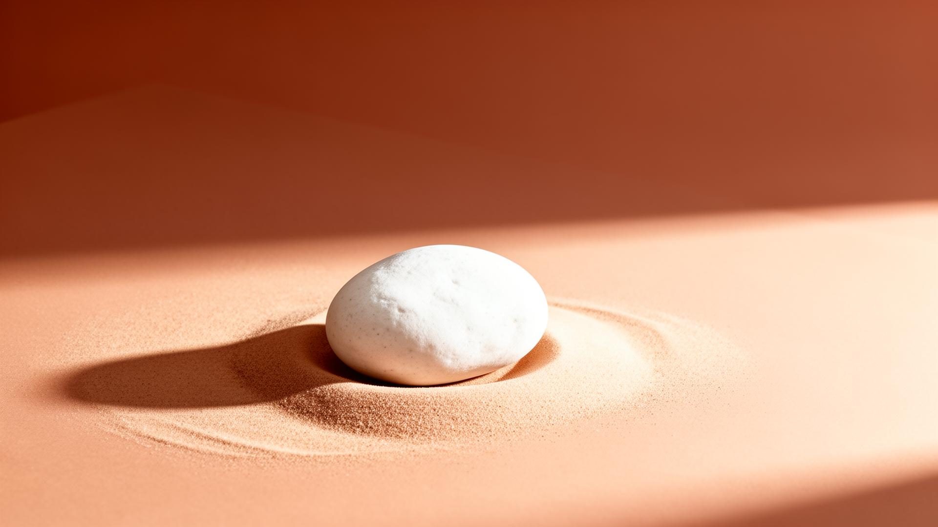 A single smooth white stone resting on warm sand with soft directional light.