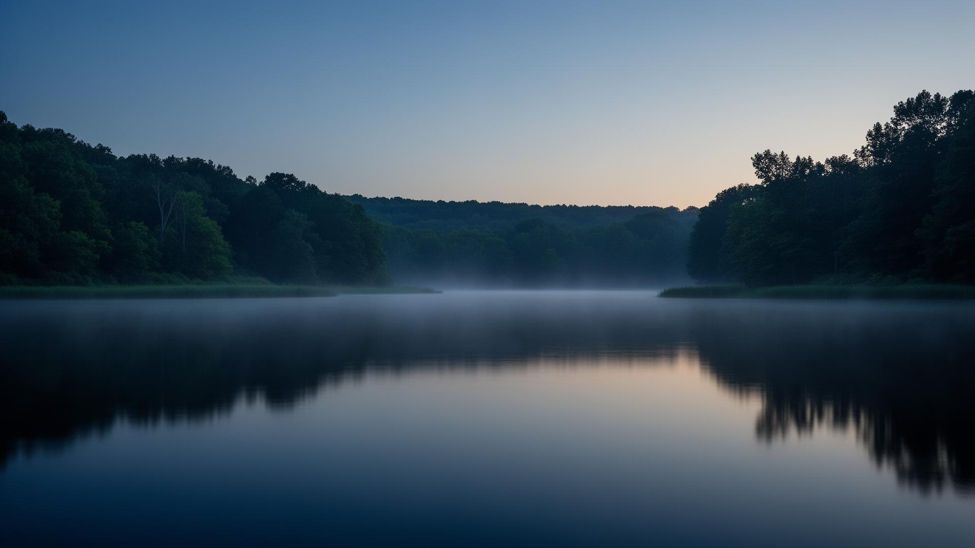 Still water reflecting a misty forest at dawn in deep navy and green tones.