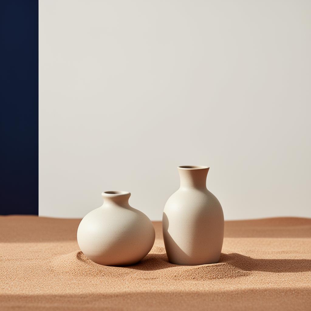 Two simple ceramic vessels of differing form resting together on warm sand.