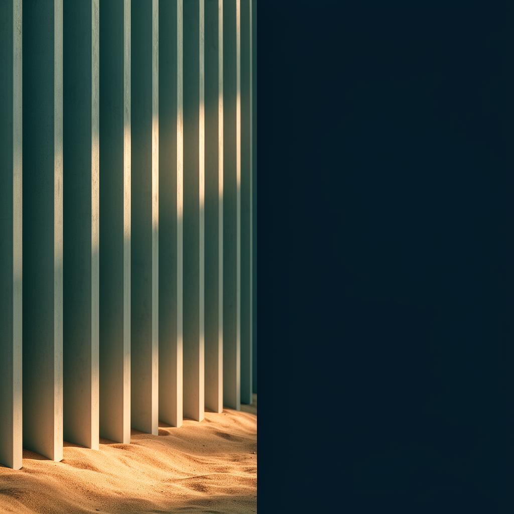 Architectural detail of evenly spaced vertical columns in warm light.